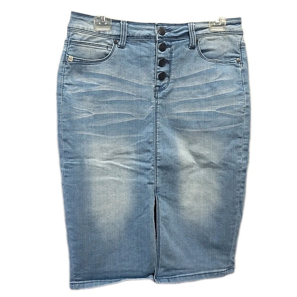 Lola Jean Amber High Rise Denim Pencil Skirt Knee Length Button Fly Stretch sz 6